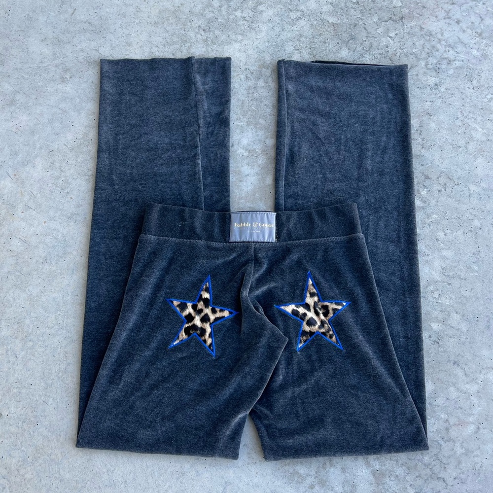 Y2K Gray Velour Leggings with Leopard Star Patches